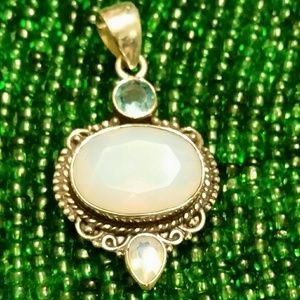 .925 Silver Opalite Pendant w/White & Blue Topaz